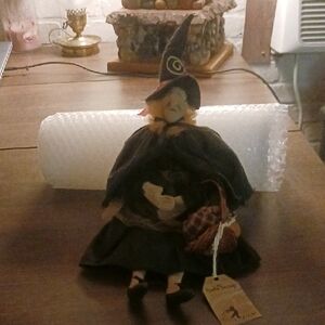 Handcrafted Witch Doll with Black Cape, Basket with Pumpkins.